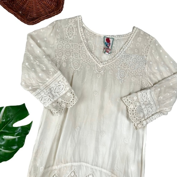 Johnny Was Boho Cream Ivory Lace Embroidered Eyelet Tunic 3/4 Sleeve Dress XS - Picture 1 of 15